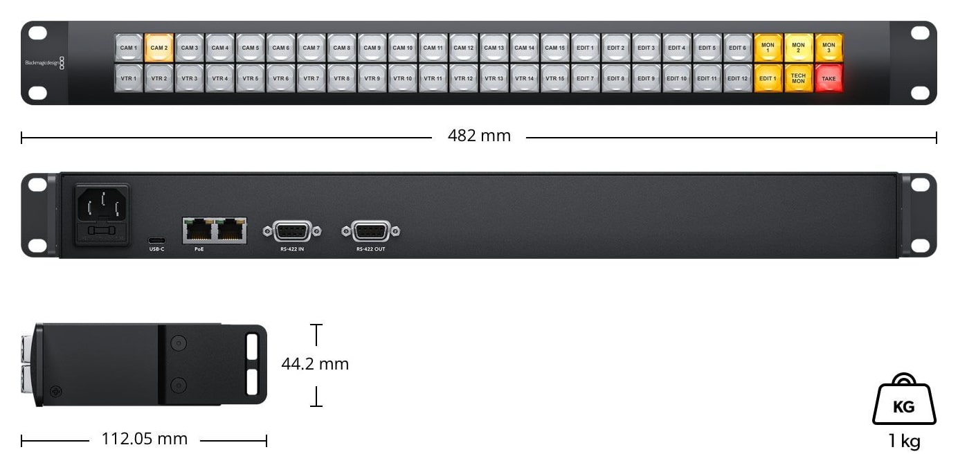 Blackmagic Videohub Smart Control Pro – Rozmery a hmotnosť