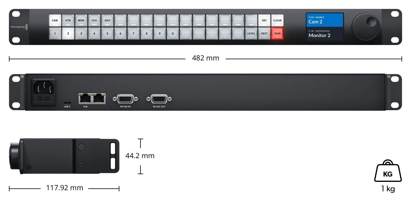 Blackmagic Videohub Master Control Pro – Rozmery a hmotnosť