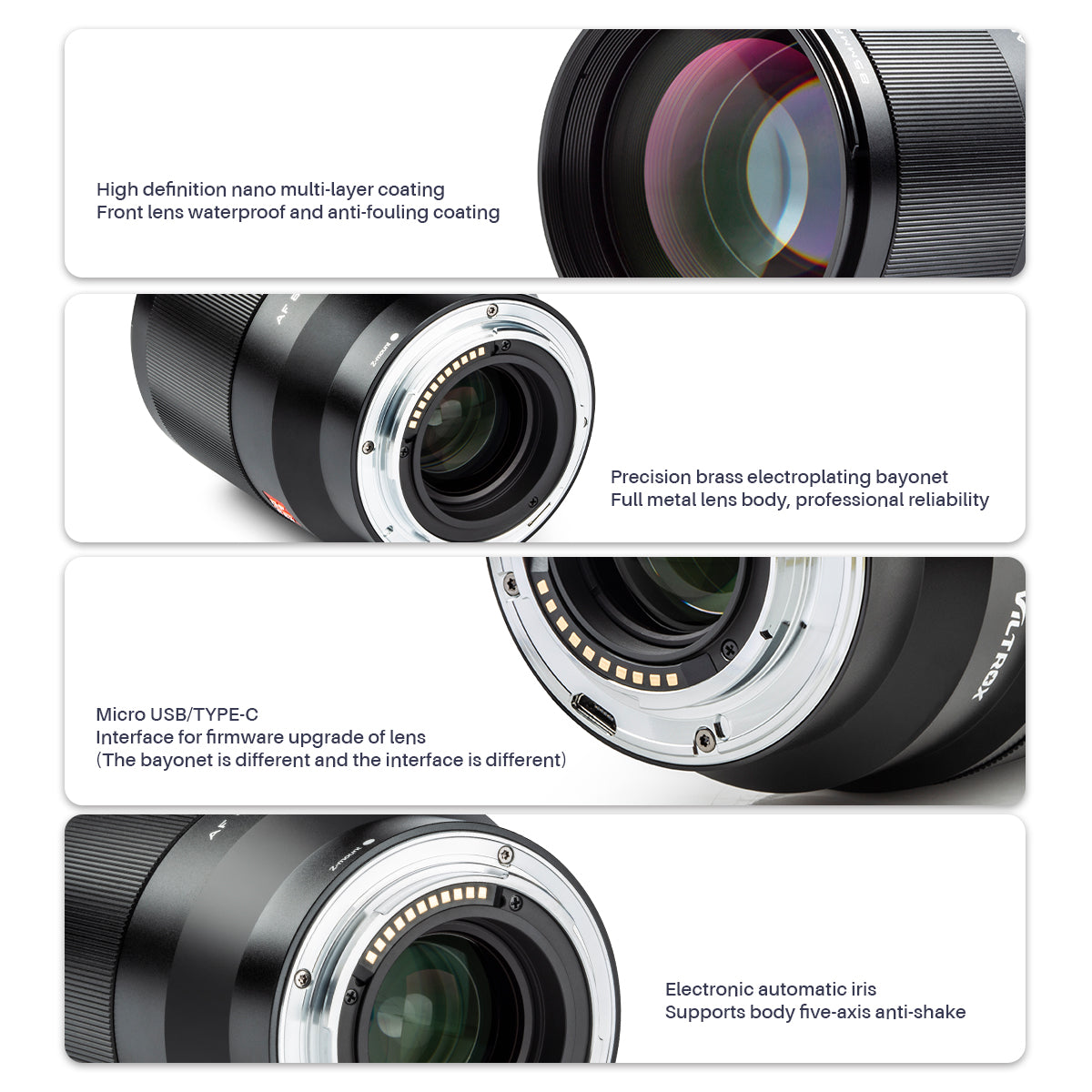 Povrchové vrstvy, kovový bajonet a elektronické kontakty objektivu Viltrox 85 mm F1.8 II FE