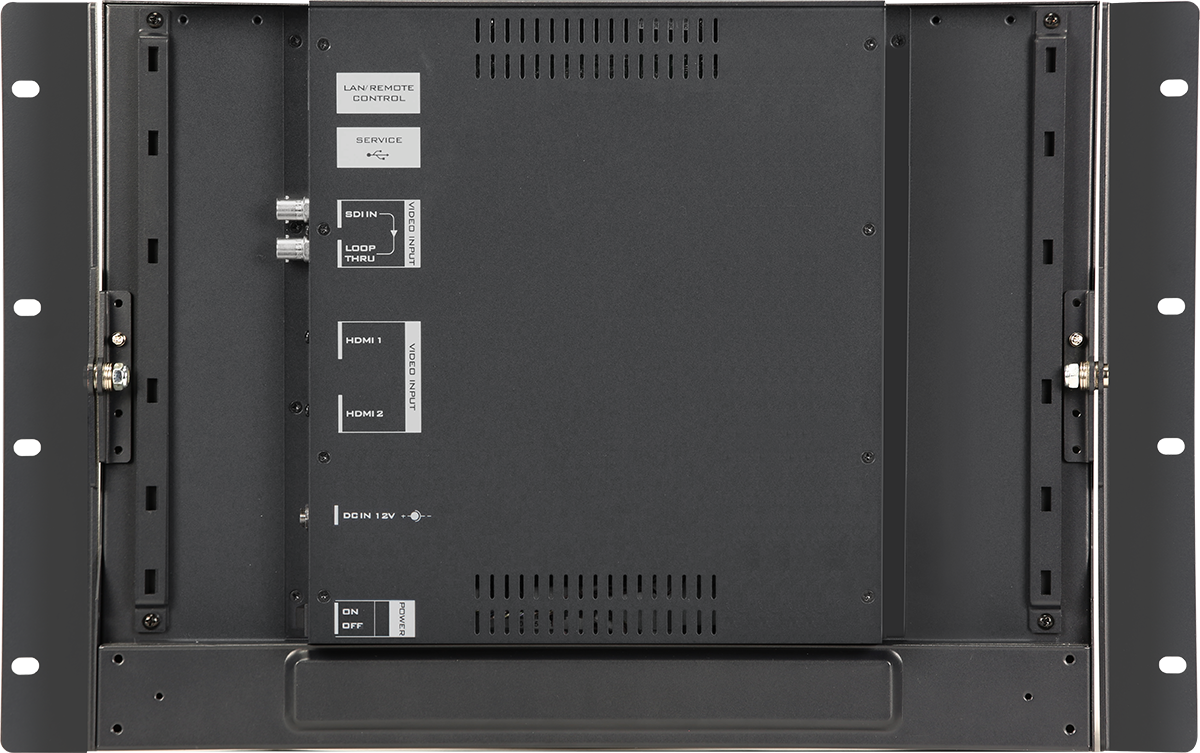 Zadný panel Datavideo TLM-170LR so vstupom a priechodným výstupom SDI, dvoma vstupmi HDMI a napájaním 12 V