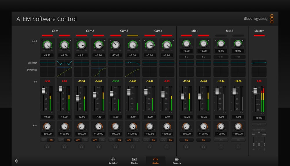ATEM Mini Pro ISO – Mixér Fairlight so šesťpásmovým ekvalizérom