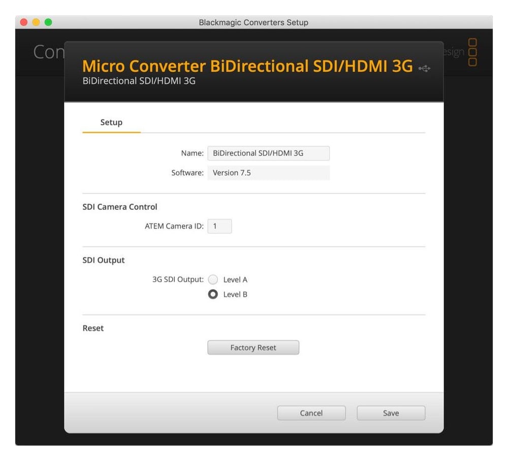 Micro Converter BiDirectional SDI/HDMI 3G – Nastavenie v aplikácii Blackmagic Converters Setup