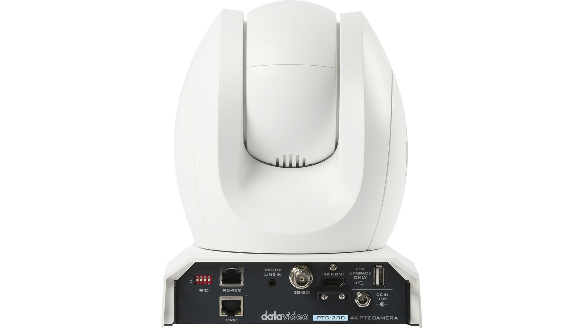 Zadný panel Datavideo PTC-280W s konektormi 3G-SDI, HDMI, DVIP, RS-422 a napájaním