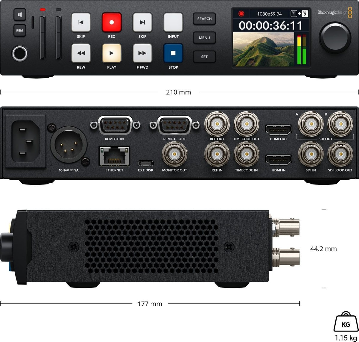 HyperDeck Studio HD Plus – Rozmery a hmotnosť