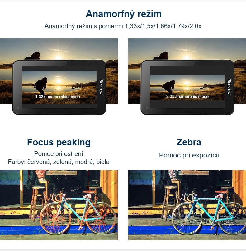 Anamorfný režim, focus peaking a zebra