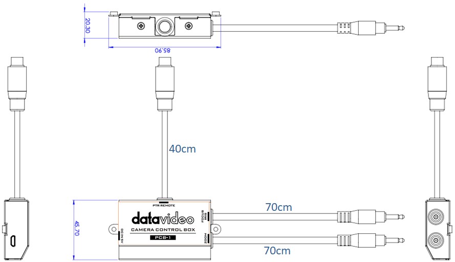 Schéma zapojenia PCB-1 k hlave PTR a ovládania zoomu, zaostrenia a clony kamery