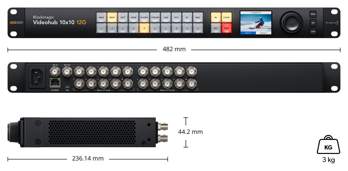 Blackmagic Videohub 10x10 12G – Rozmery a hmotnosť