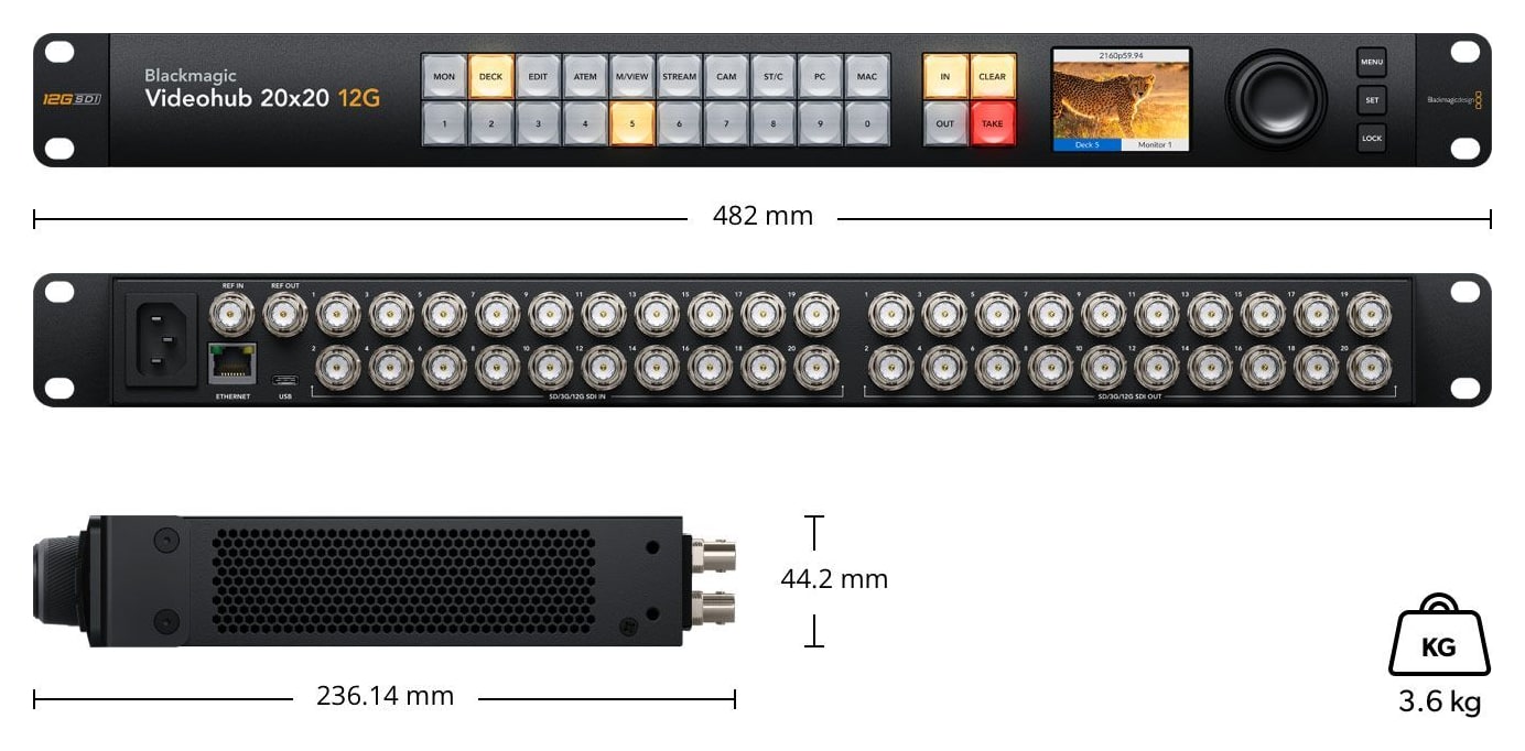 Blackmagic Videohub 20x20 12G – Rozmery a hmotnosť