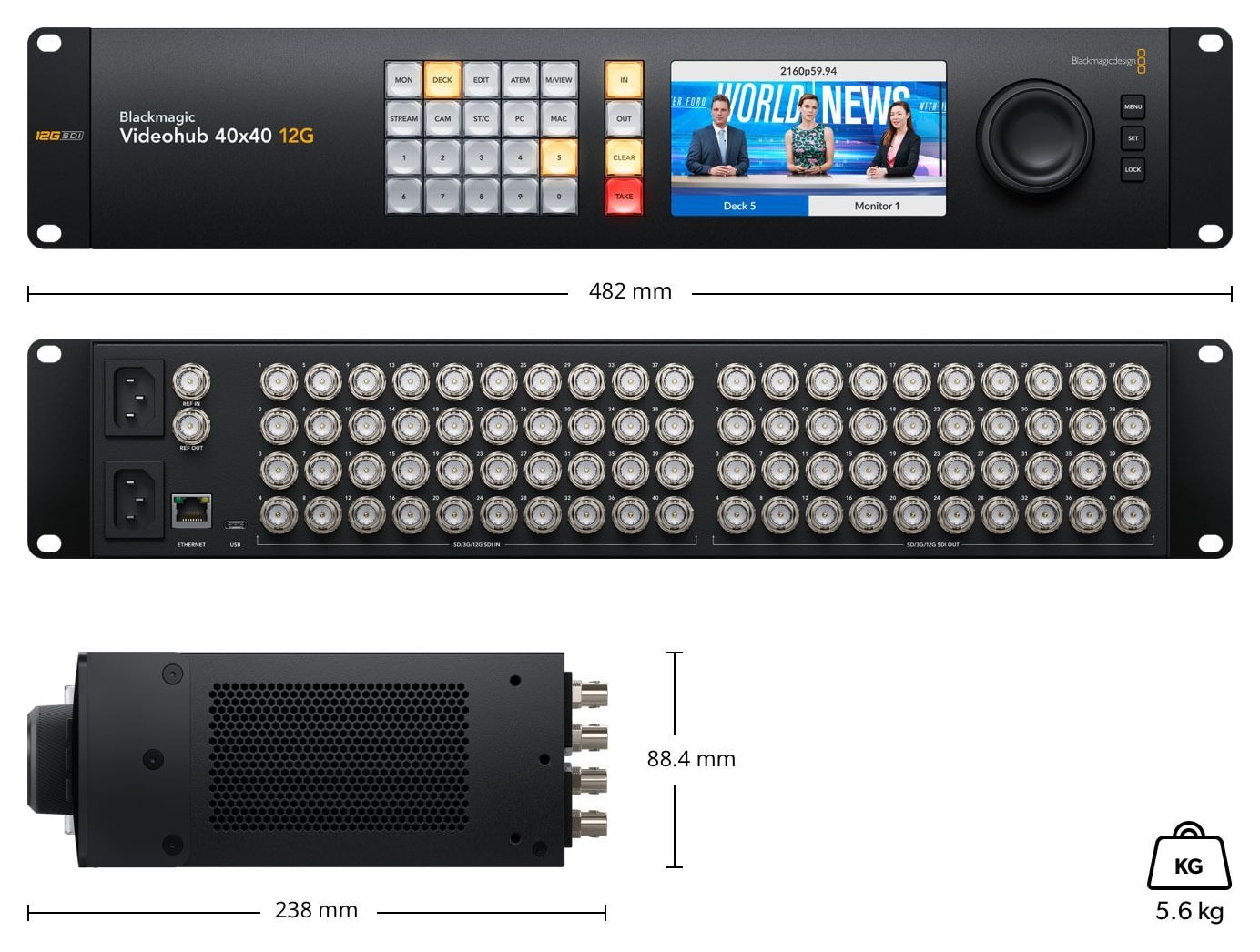 Blackmagic Videohub 40x40 12G – Rozmery a hmotnosť
