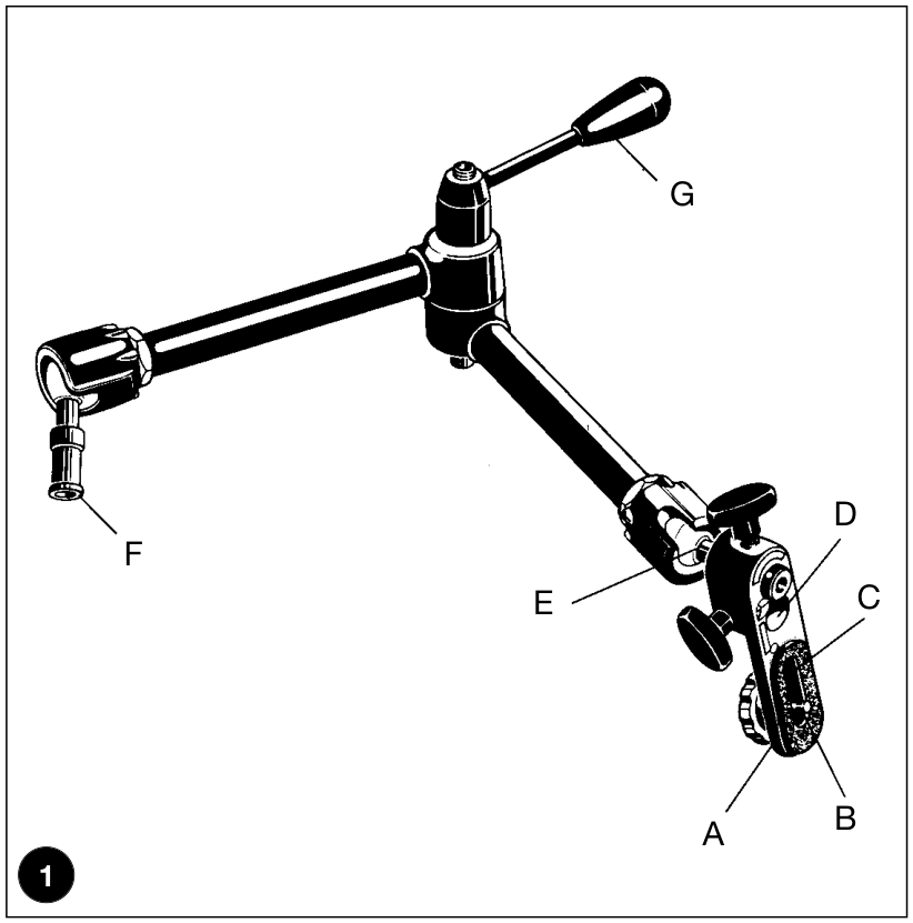 Celý obrázok 1 z návodu k ramenu Manfrotto 143 s označením držiaka 143BKT a súčastí ramena