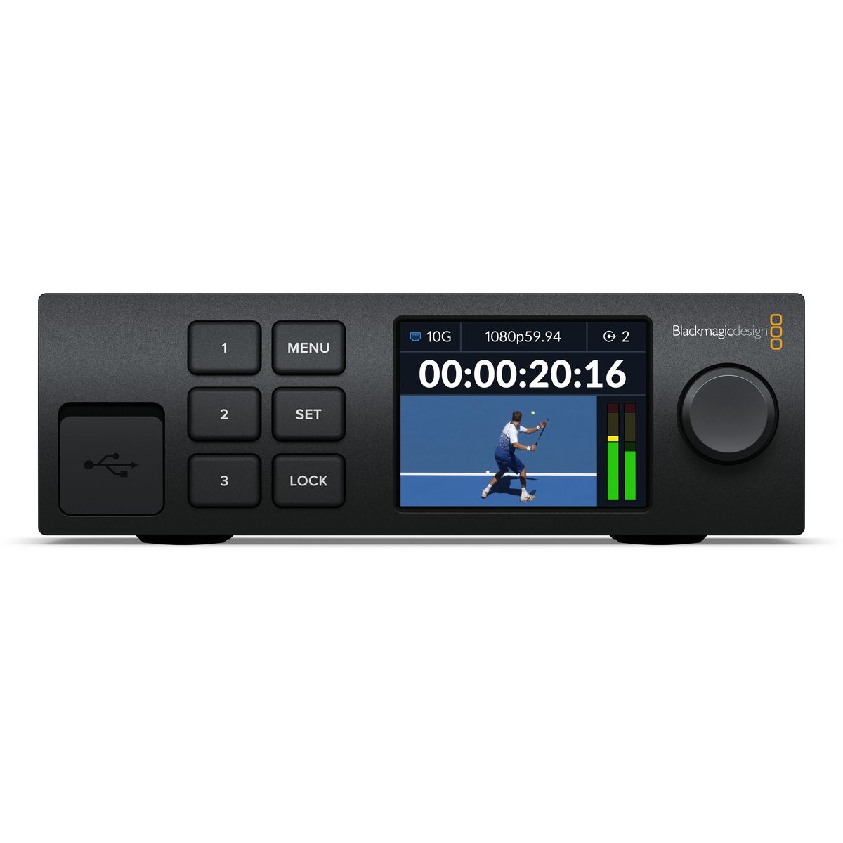 Přední panel a barevný LCD displej Blackmagic 2110 IP Converter 3x3G