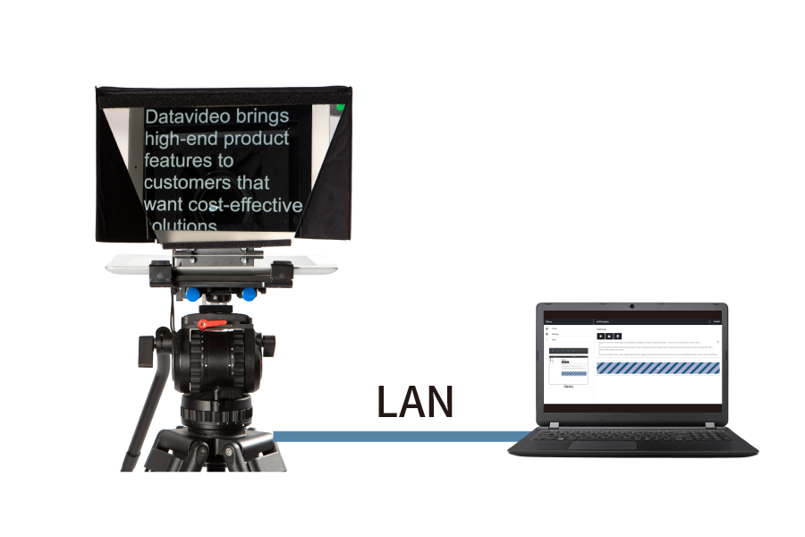 Teleprompter Datavideo TP-500 s notebookom na ovládanie scenára v miestnej sieti