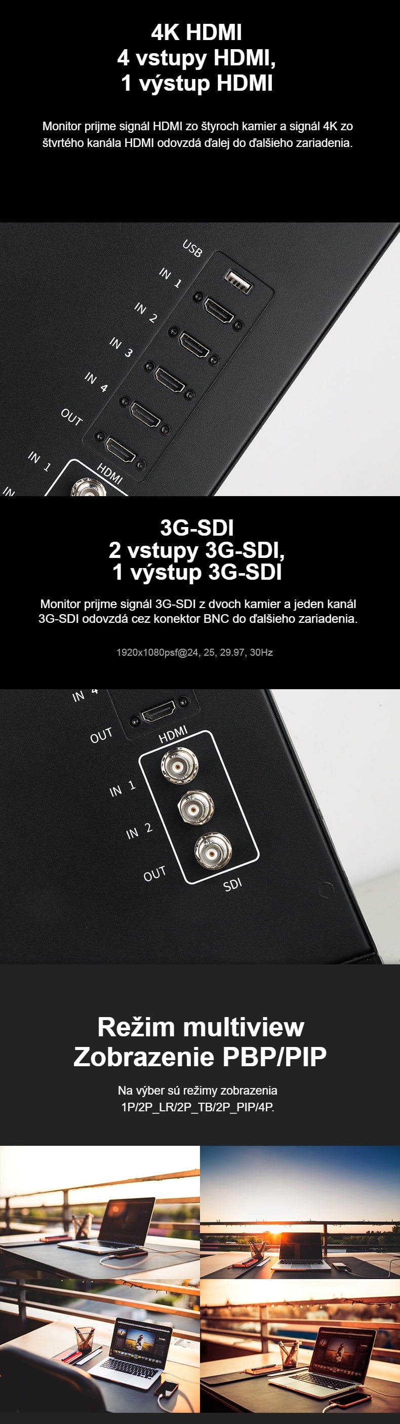 Štyri HDMI, dva 3G-SDI a multiview