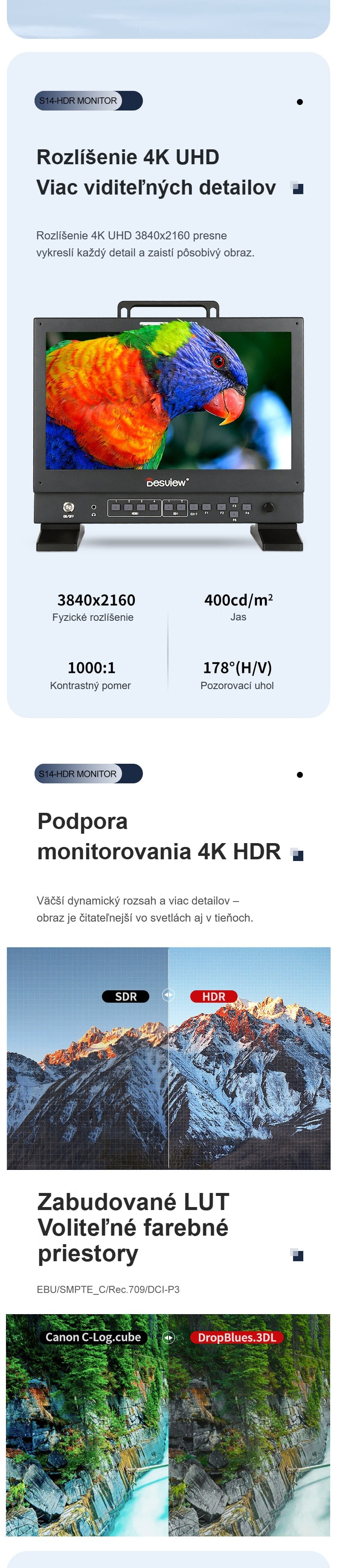 Rozlíšenie 4K UHD, HDR a zabudované LUT