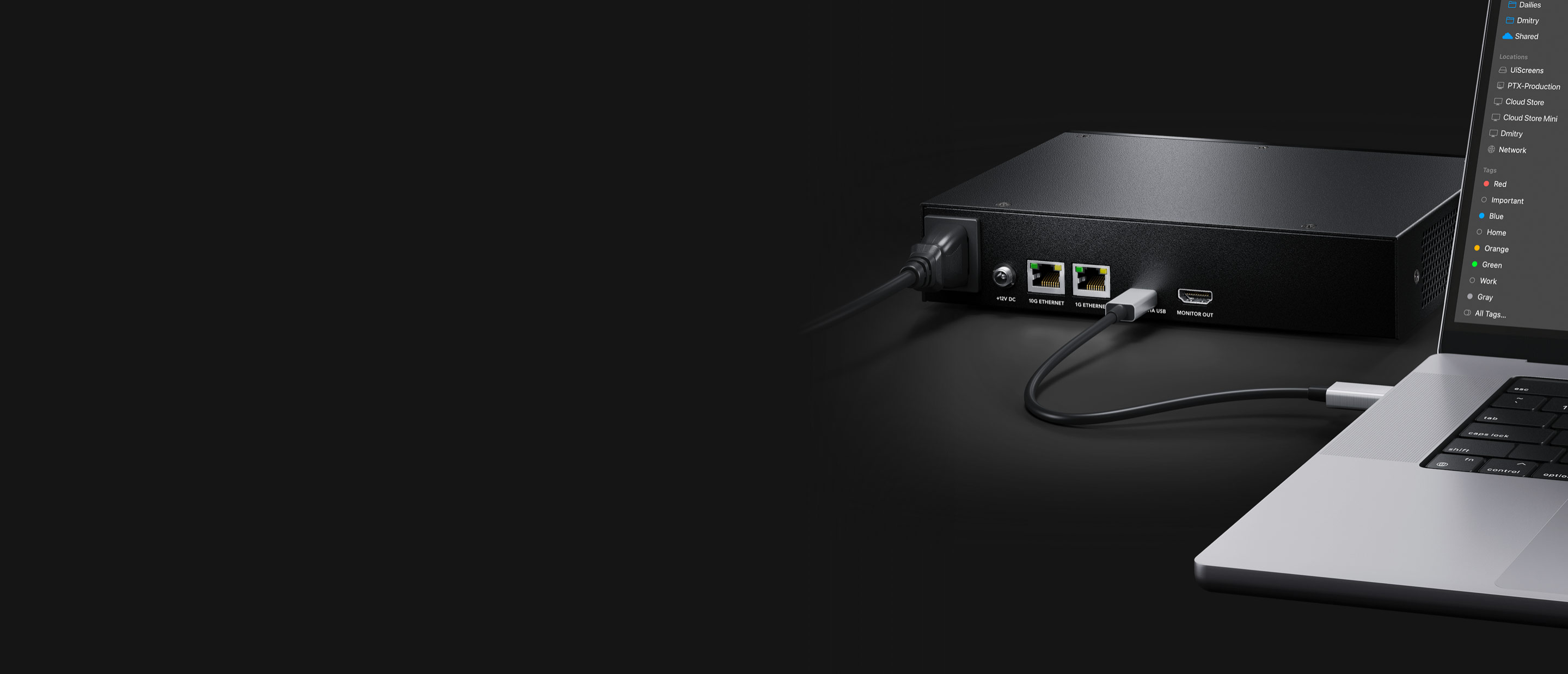 Zadný panel Blackmagic Cloud Store Mini 16TB s 10G Ethernetom, USB-C a HDMI