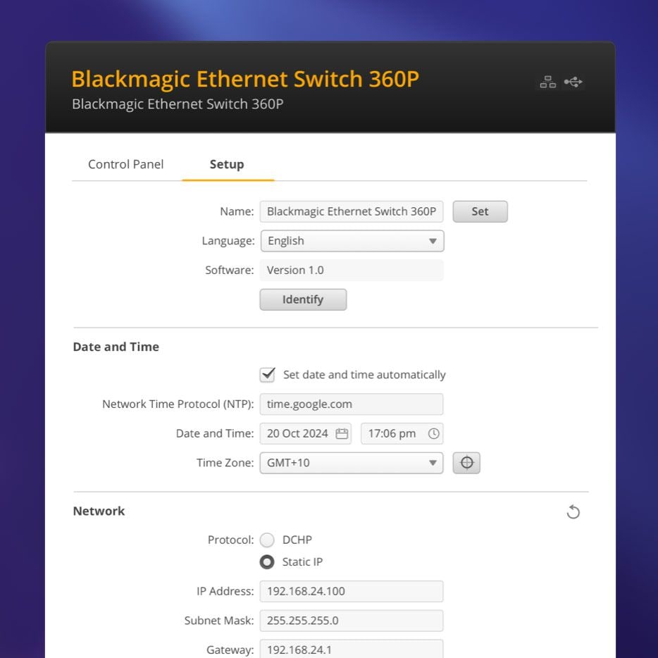 Blackmagic Ethernet Switch 360P – Softvér na nastavenie a aktualizácie