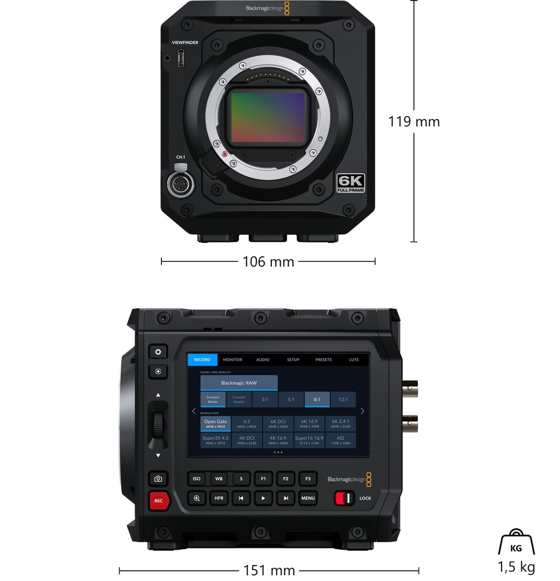 Blackmagic PYXIS 6K (L-Mount) – Rozmery a hmotnosť