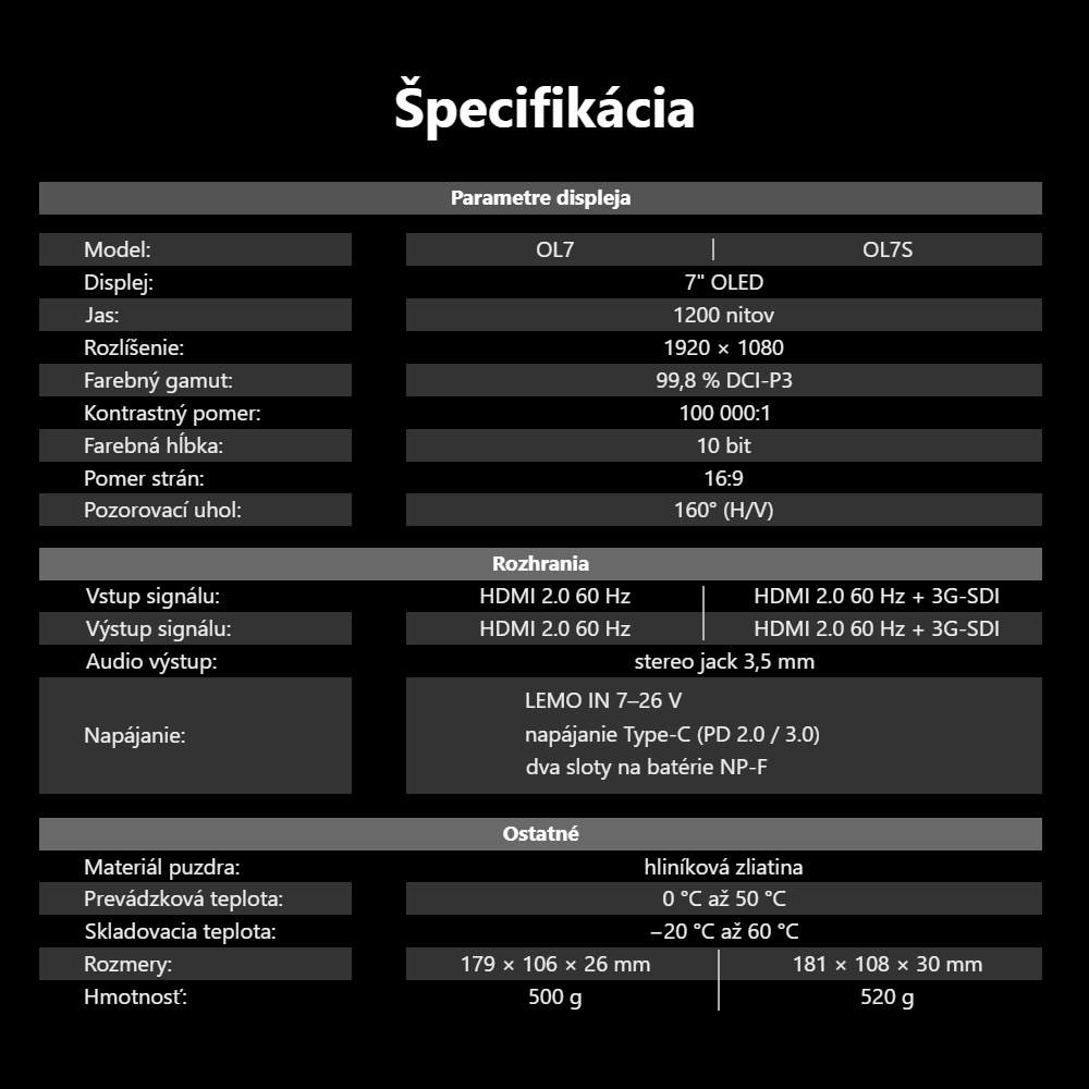 Desview OL7 / OL7S – Tabuľka parametrov OL7 a OL7S