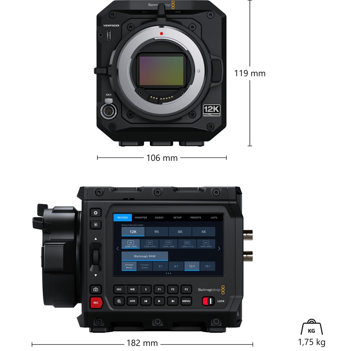 Blackmagic PYXIS 12K EF – Rozmery a hmotnosť