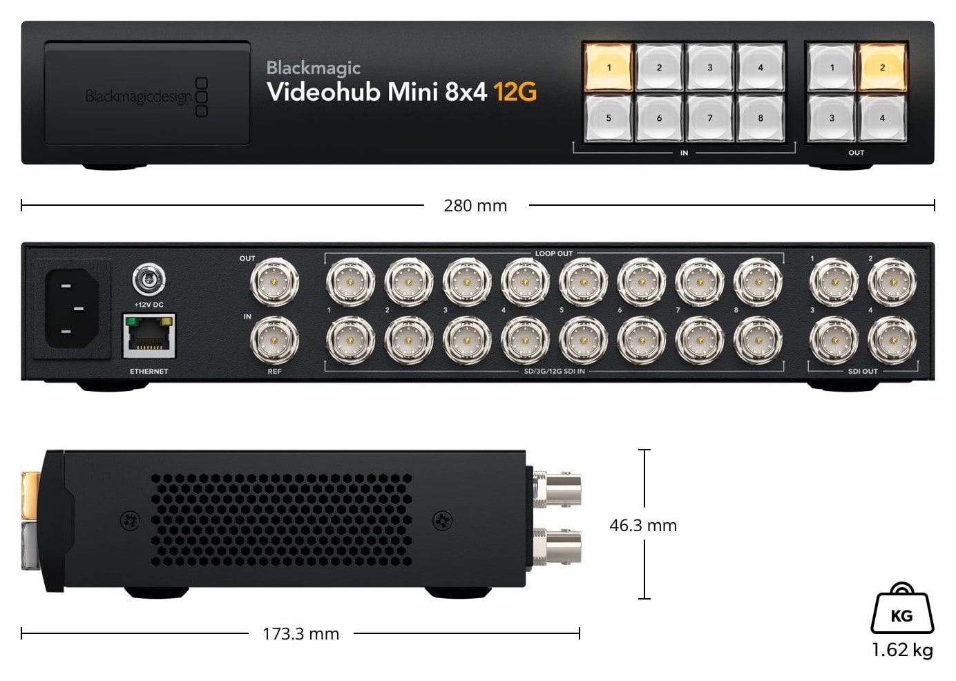 Blackmagic Videohub Mini 8x4 12G – Rozmery a hmotnosť