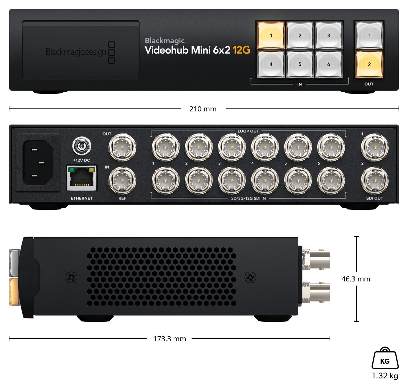 Blackmagic Videohub Mini 6x2 12G – Rozmery a hmotnosť