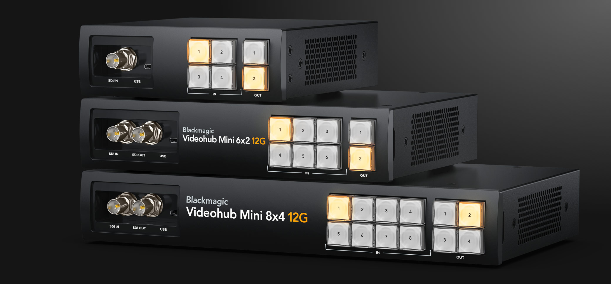 Rodina Blackmagic Videohub Mini – modely a predné ovládanie