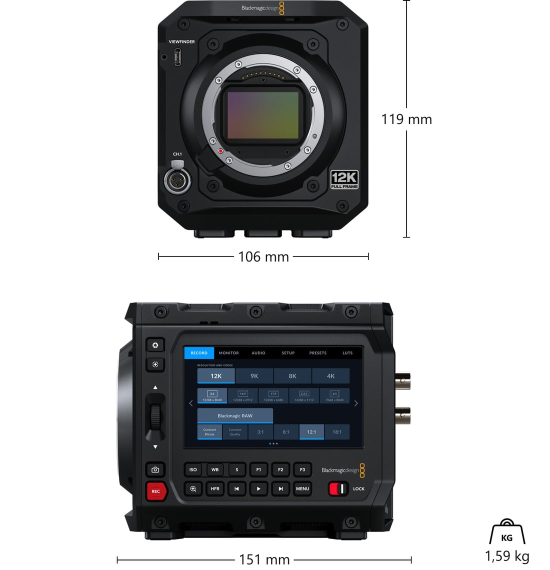 Blackmagic PYXIS 12K (L-Mount) – Rozmery a hmotnosť