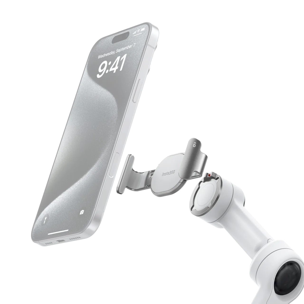 Telefon upevněný ve svorce Insta360 Flow 2 Pro a připojený ke gimbalu