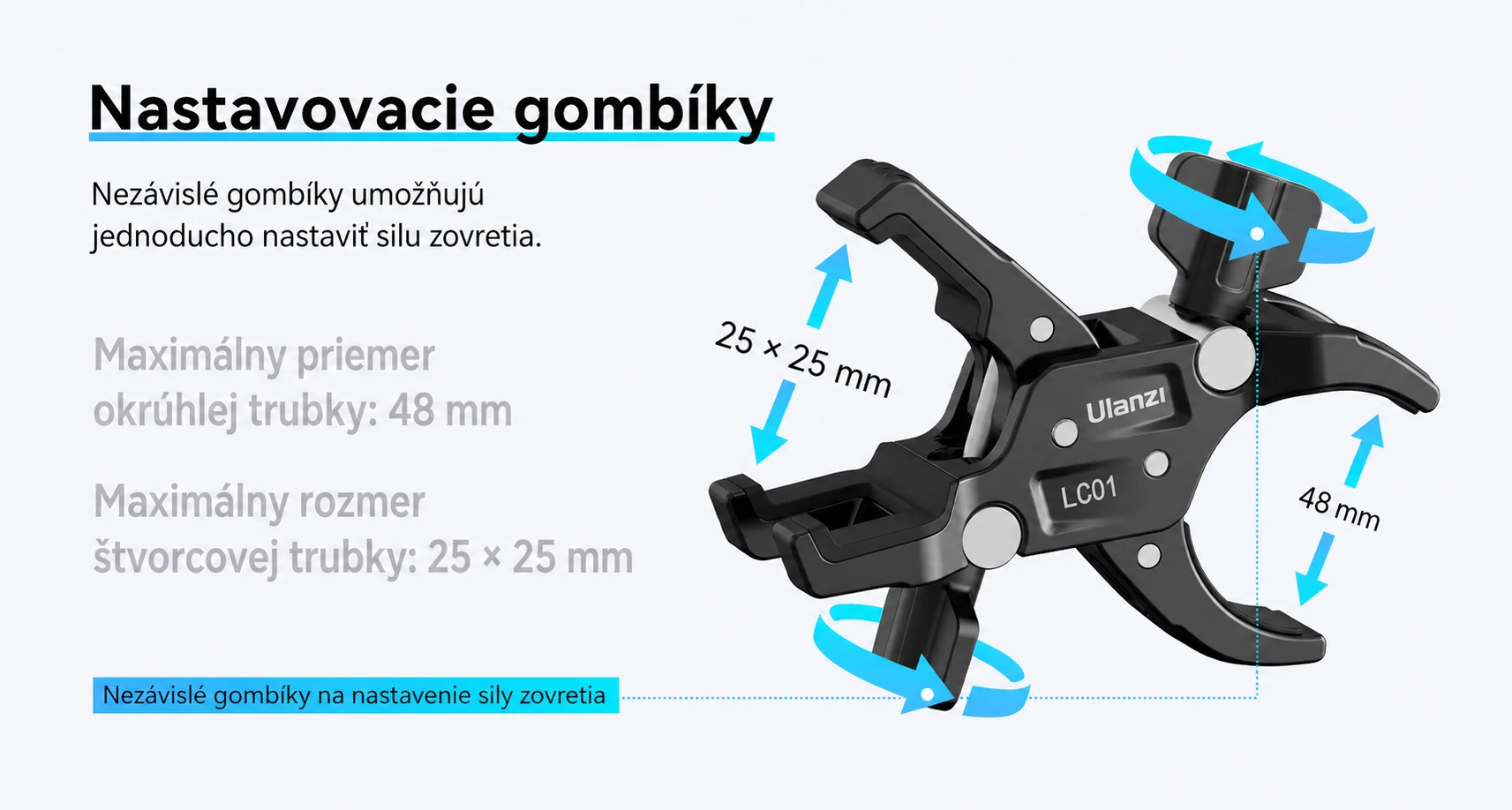 Česká infografika rozsahu a nastavení svorky Ulanzi LC01