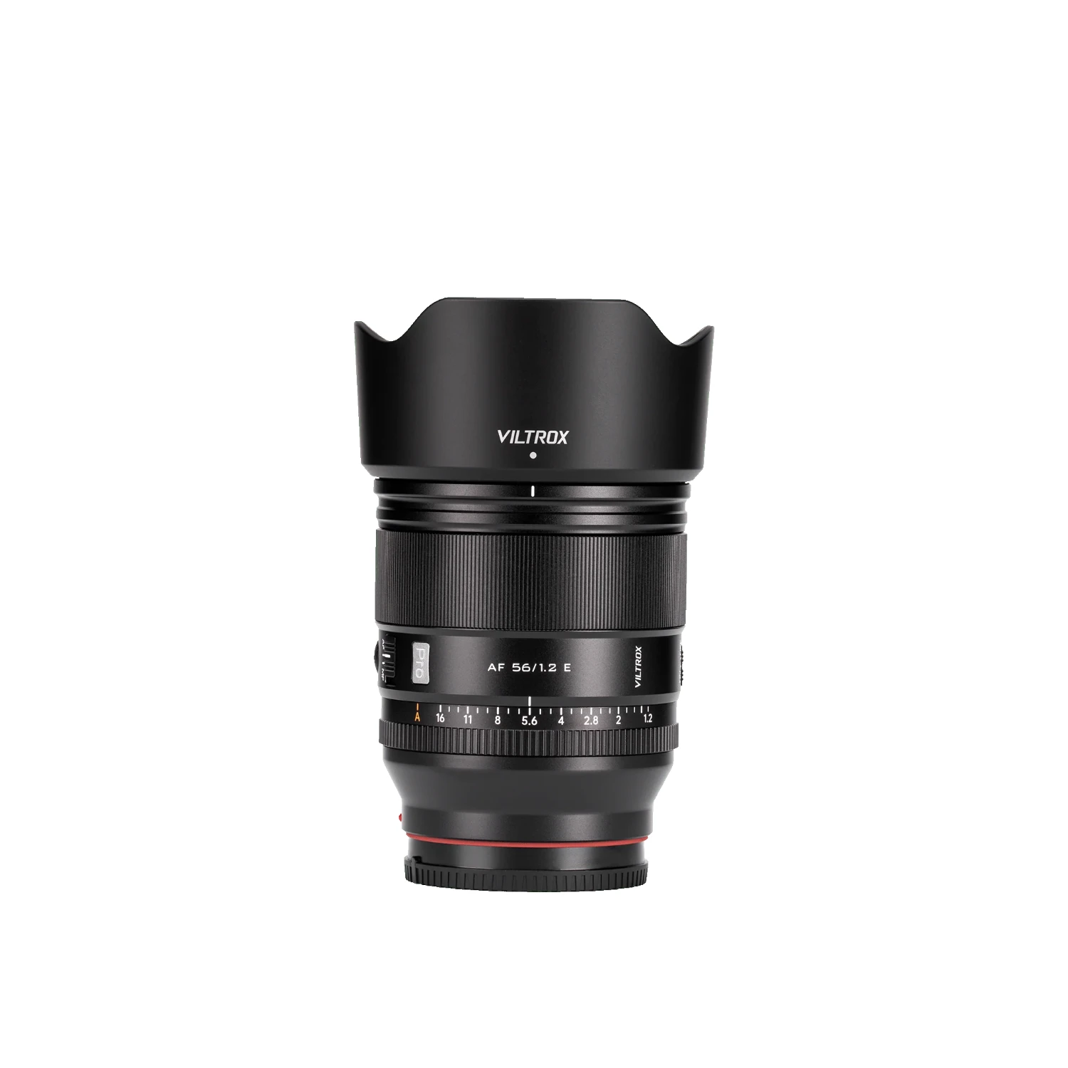 Viltrox AF 56mm F1.2 Pro E se sluneční clonou a krytkami