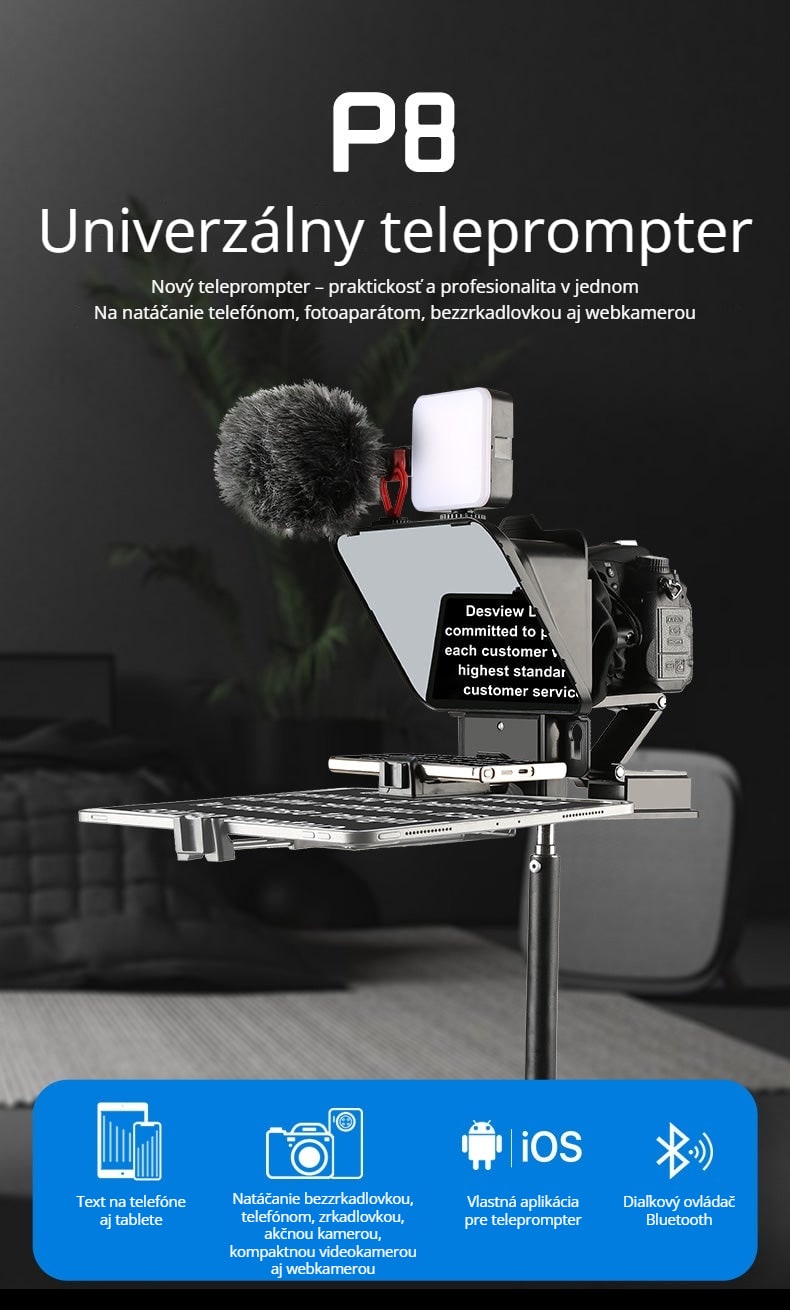 Jeden teleprompter pre telefón aj fotoaparát