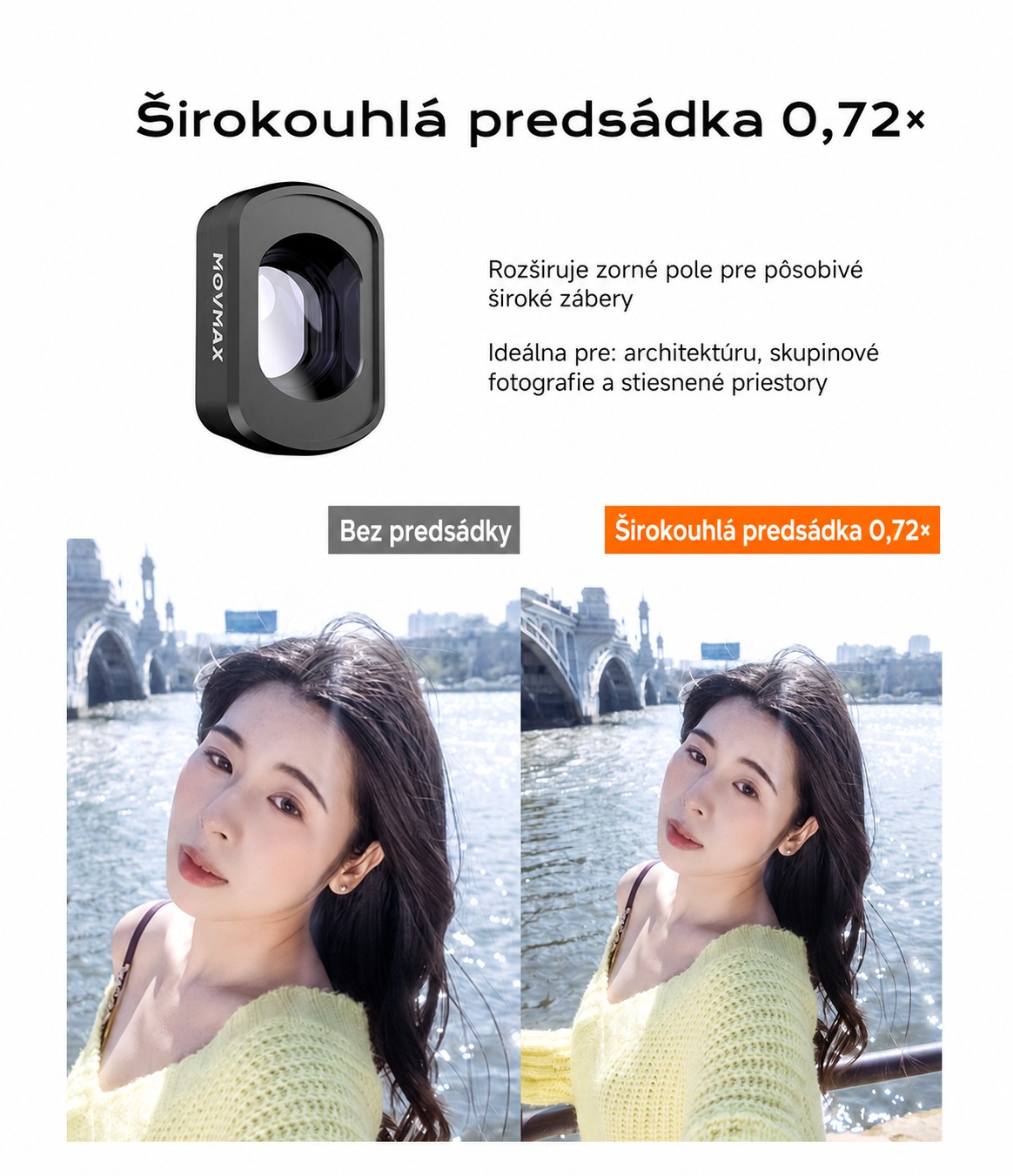 Predsádka MOVMAX 0,72× nasadená na DJI Pocket 3