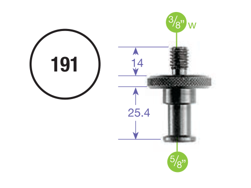 Výkres výrobcu Manfrotto 191: vonkajší závit 3/8 palca W a hladký čap 5/8 palca