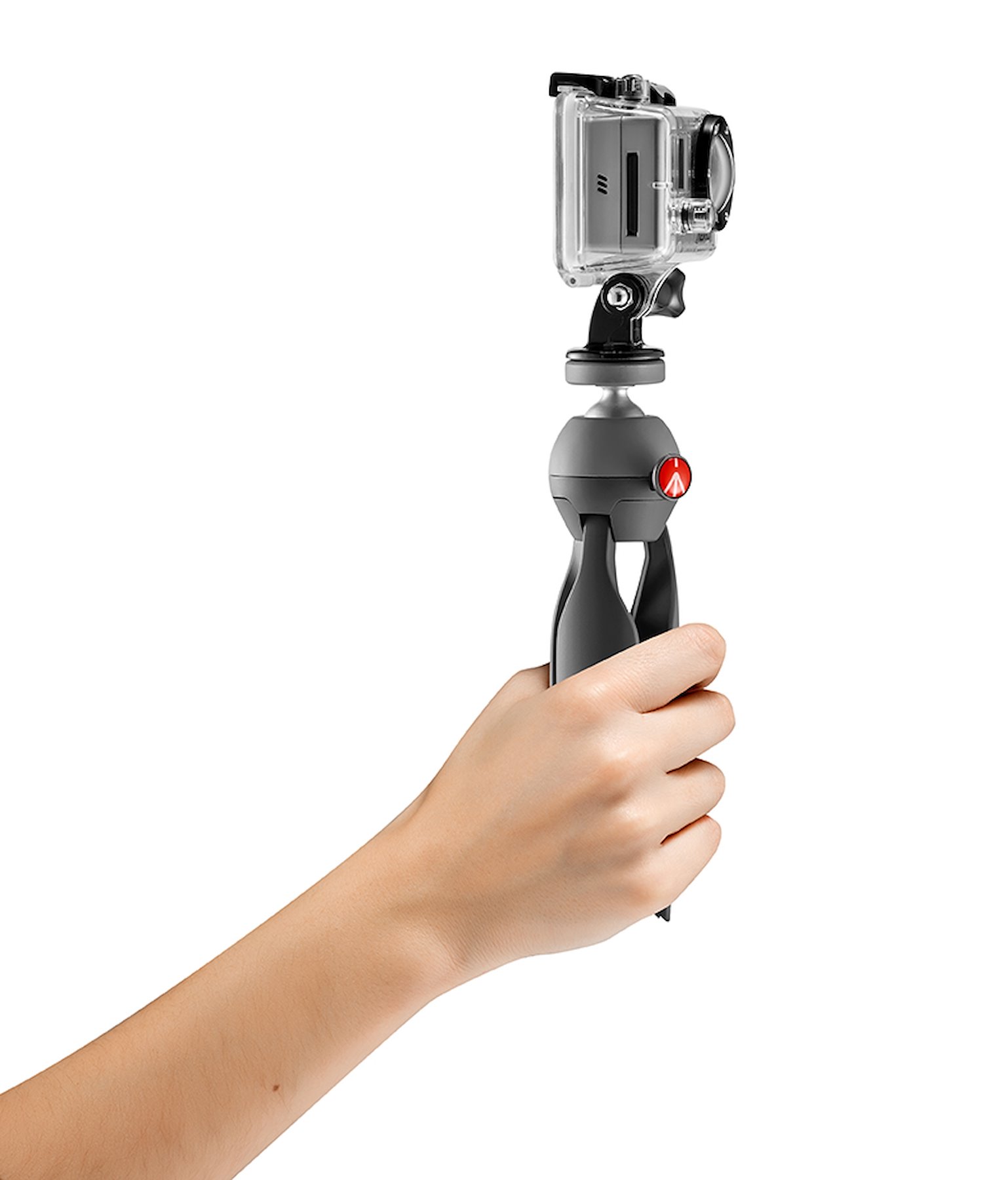 PIXI Xtreme zložený do rukoväti s ilustračnou kamerou GoPro, ktorá nie je súčasťou balenia