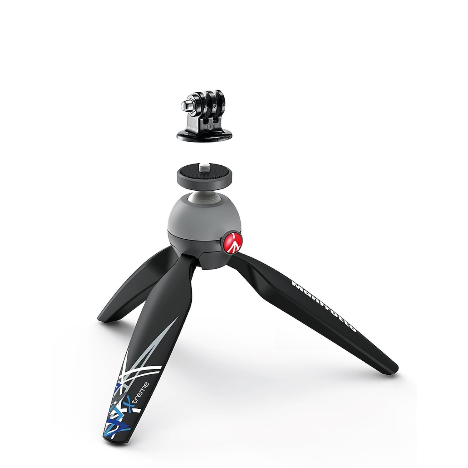 Statív Manfrotto PIXI Xtreme a priložený odnímateľný adaptér GoPro