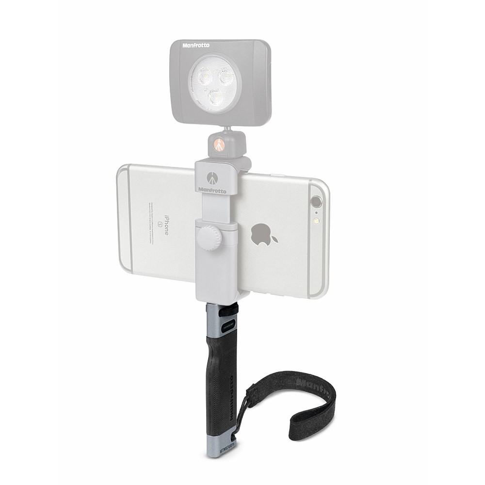 Manfrotto HandGrip spojený so svorkou TwistGrip a smartfónom