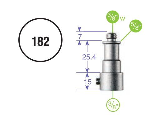 Technický výkres Manfrotto 182: vonkajší závit 3/8 palca W, čap 5/8 palca a hladká objímka 3/8 palca