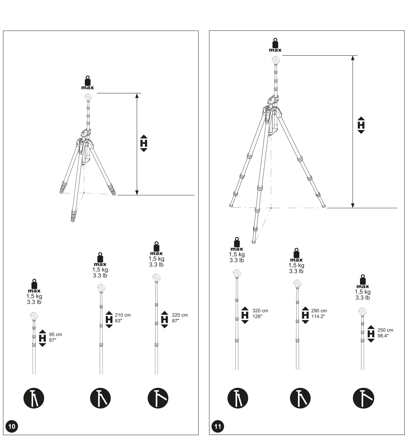 Úplné obrázky 10 a 11 z návodu Manfrotto MTALUVR: limity zaťaženia a výšky zostavy s MBOOMAVR