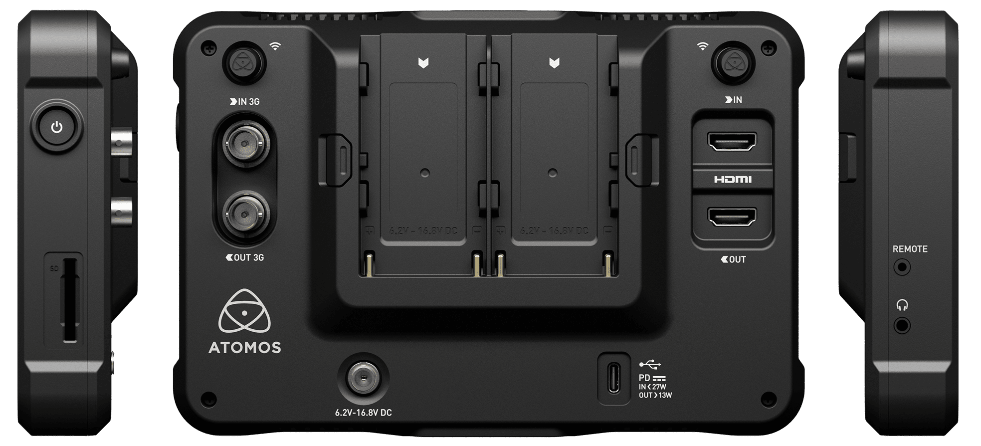 Zadné konektory a dvojica slotov NP-F monitora Atomos Shinobi 7 RX