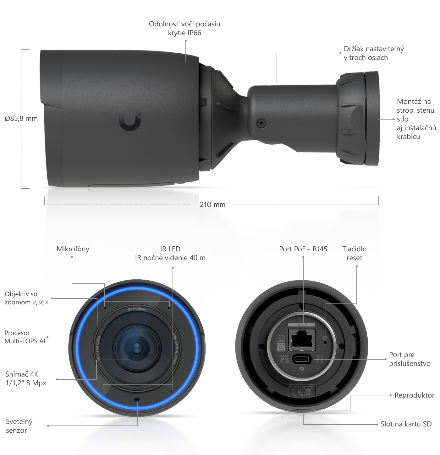 Ubiquiti UniFi Protect G6 Pro Bullet, čierna – popis kamery a rozmery