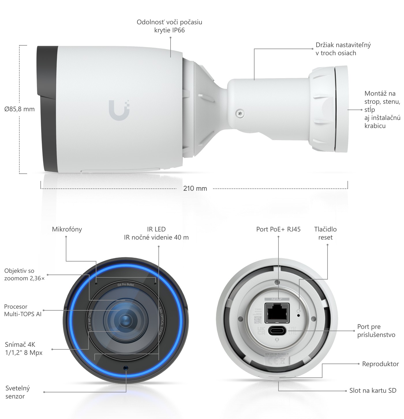Ubiquiti UniFi Protect G6 Pro Bullet, biela – popis kamery a rozmery