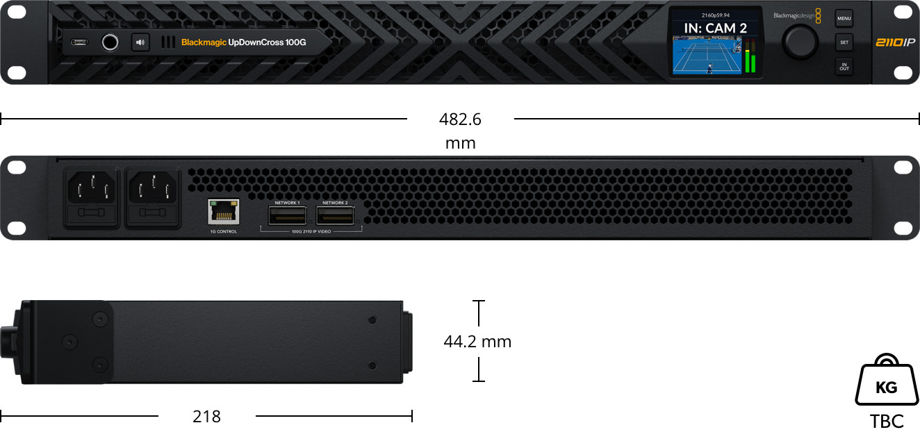 Rozmery a konštrukcia 1RU Blackmagic UpDownCross 100G