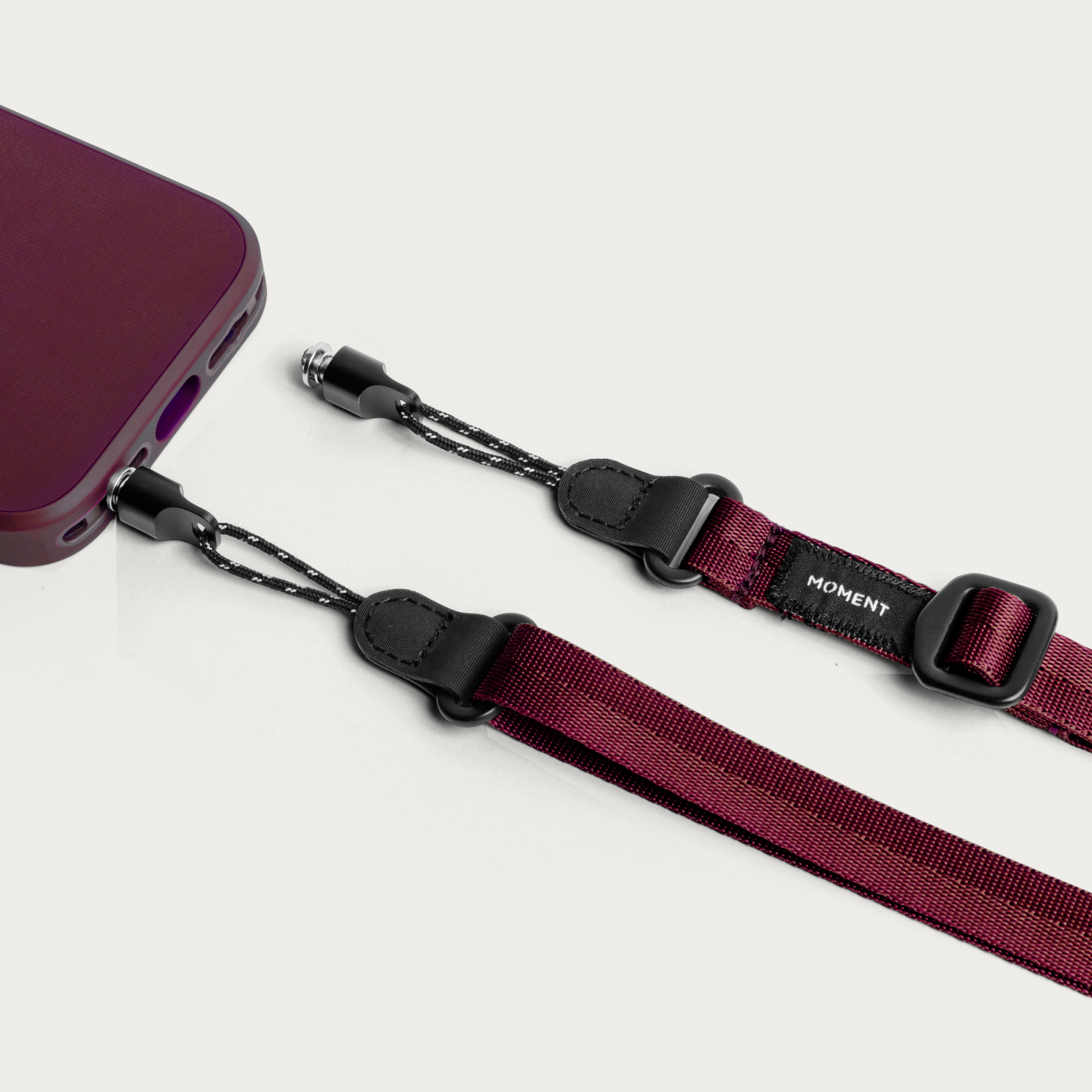 Burgundy Moment Mobile Adjustable Crossbody Strap – attachment and material detail