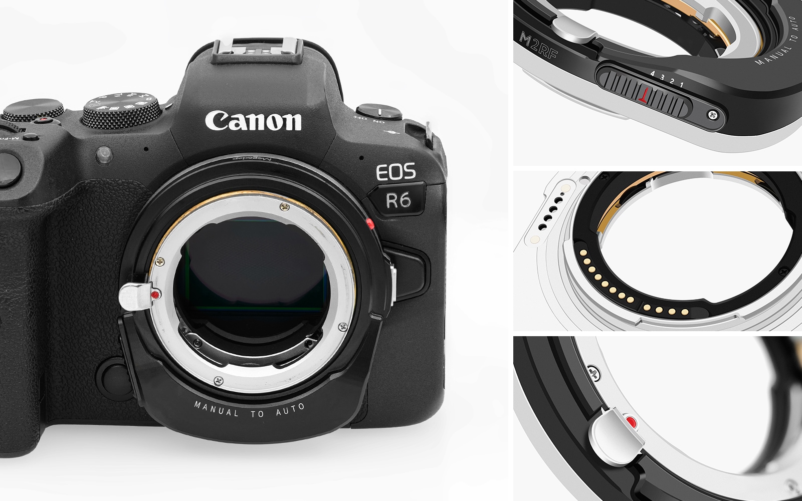 Megadap M2RF na fotoaparátu Canon RF a detaily konstrukce