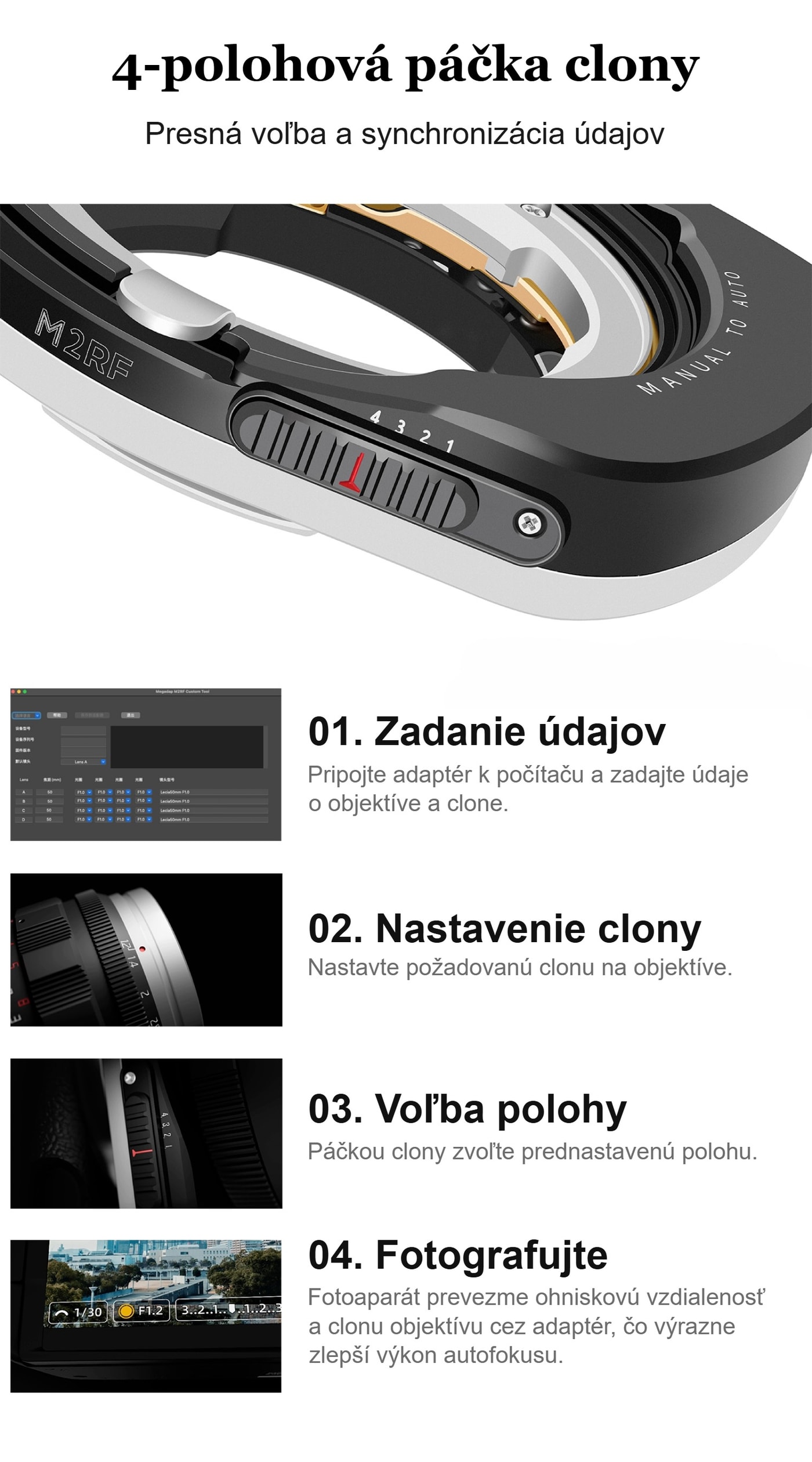 Megadap M2RF – Clona sa nastavuje na objektíve, adaptér ju odovzdá fotoaparátu