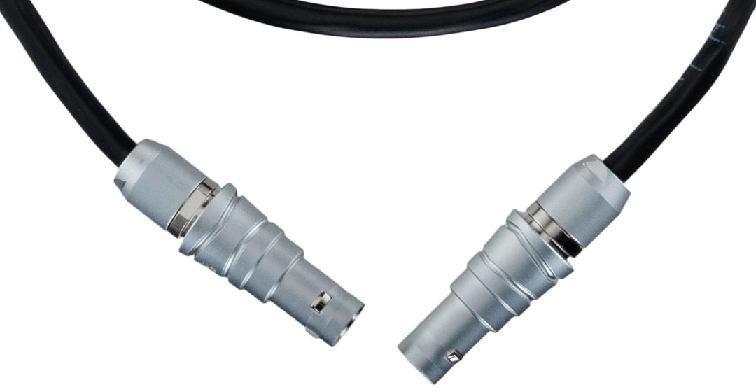 Close-up of both 2-pin LEMO connectors on the Teradek 11-0737 cable