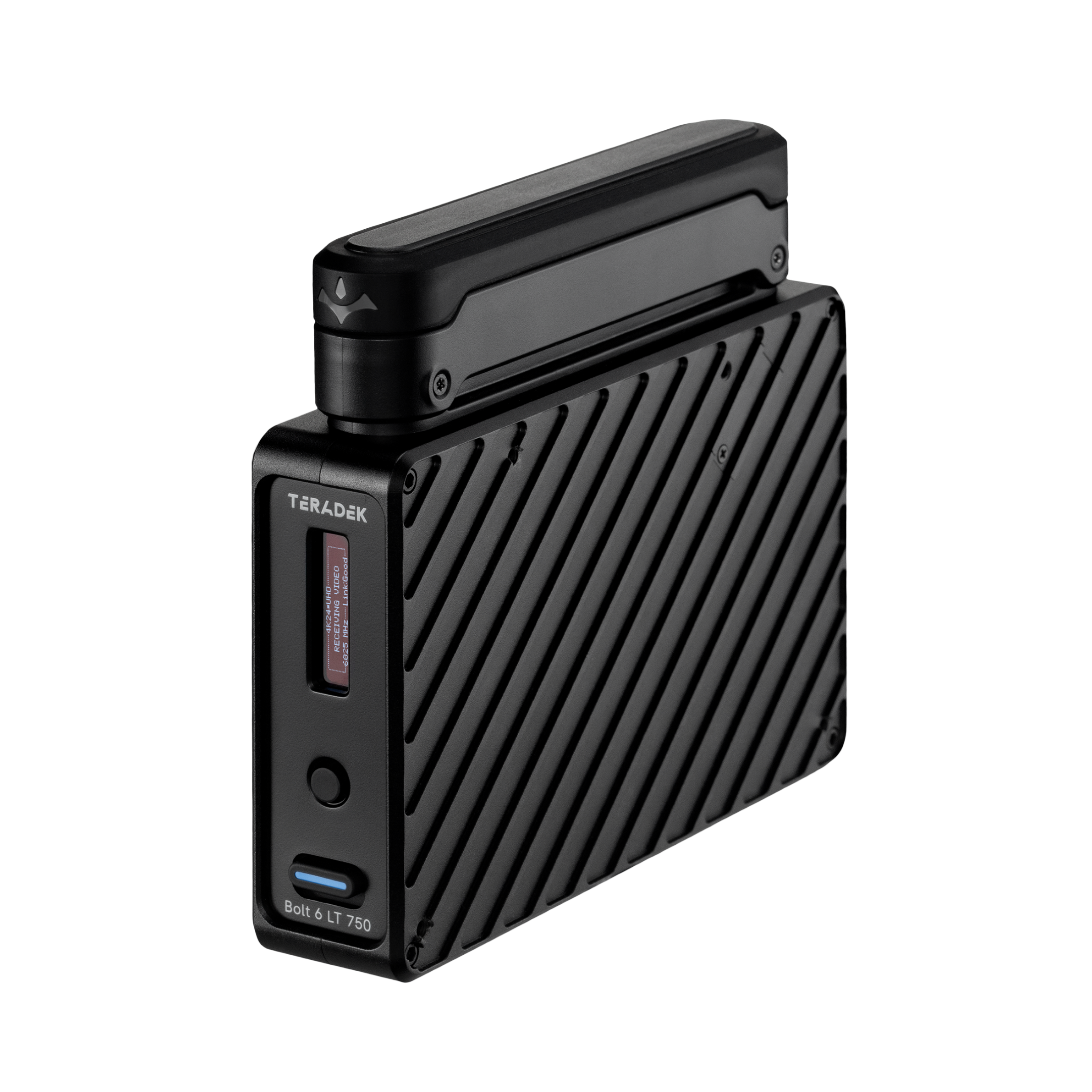 Teradek Bolt 6 LT 750 RX s internými anténami, oficiálny pohľad spredu z troch štvrtín