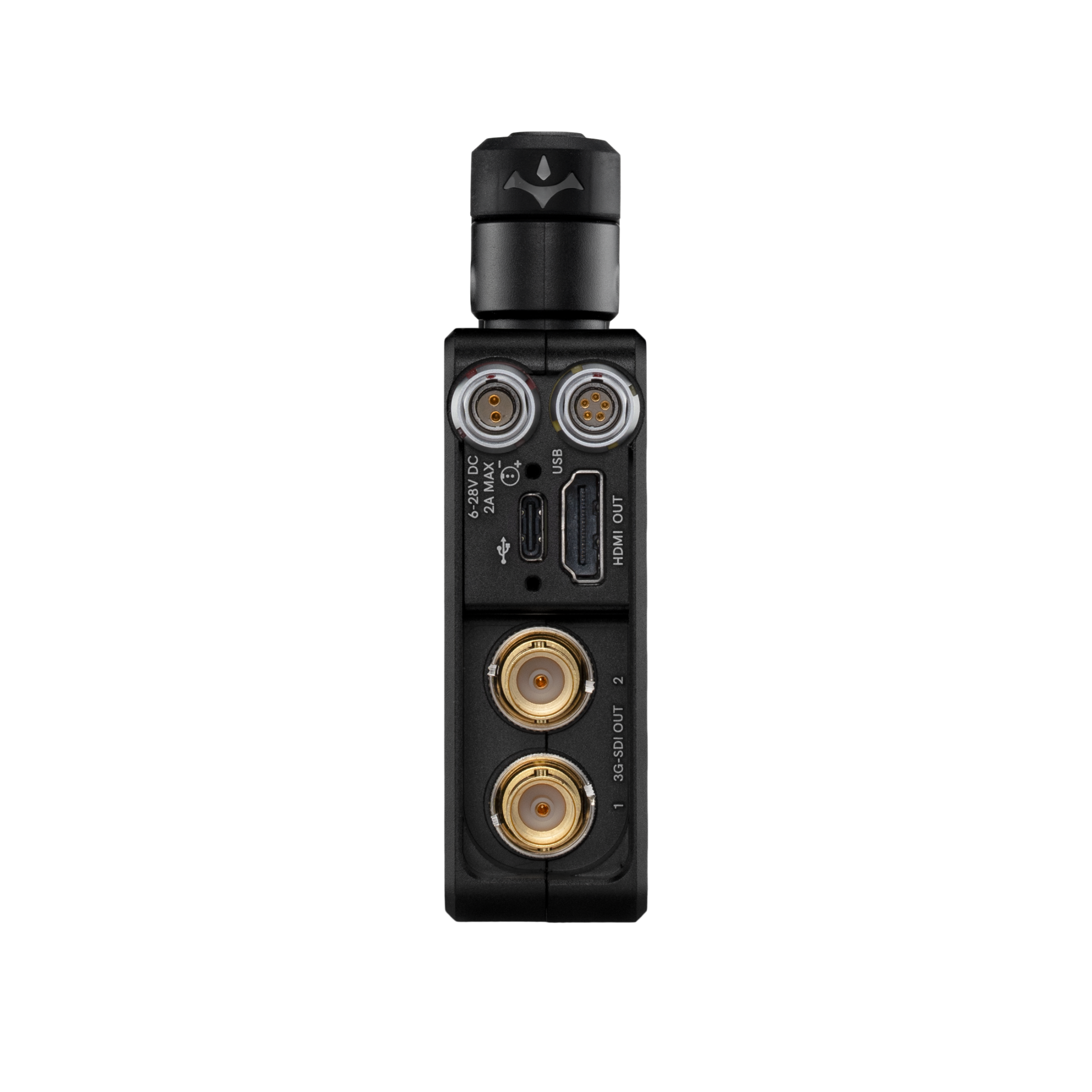Detail bočného panela Teradek Bolt 6 LT 750 RX: dva konektory 3G-SDI OUT, HDMI OUT, USB a napájanie 6–28 V DC