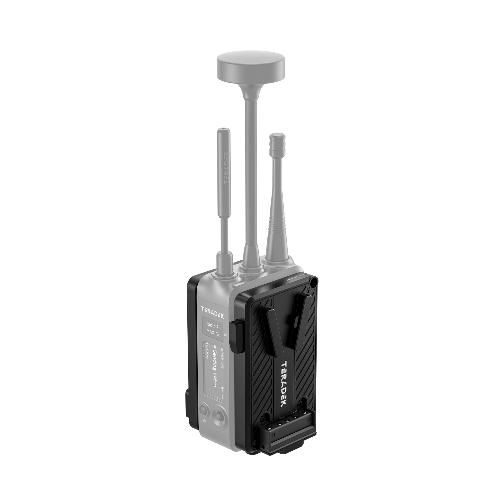 V-Mount battery cradle namontovaný na vysielači Teradek Bolt 7