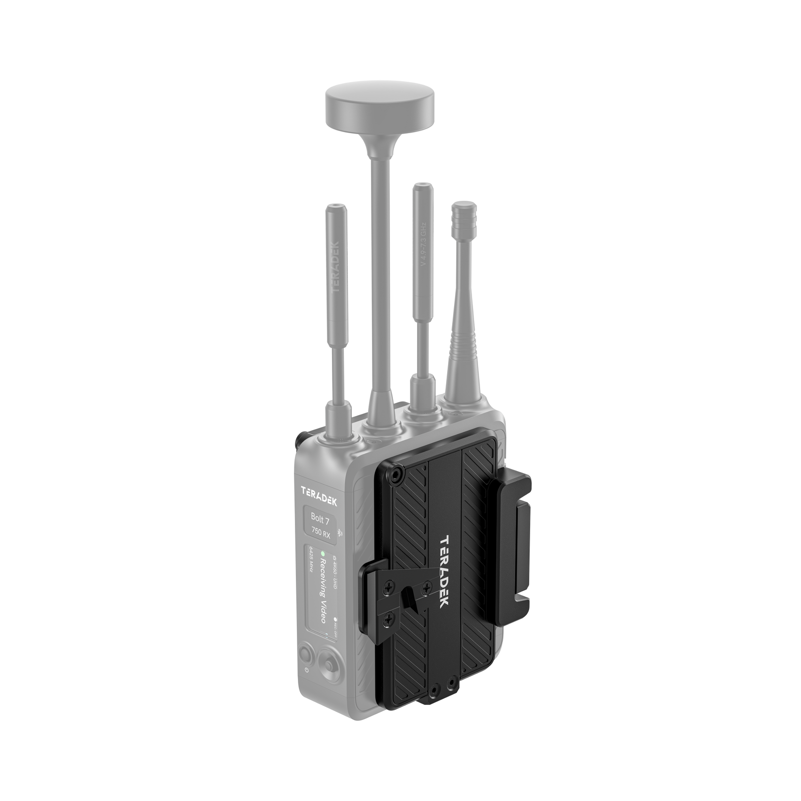 V-Mount battery cradle namontovaný na prijímači Teradek Bolt 7